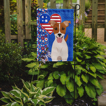 Load image into Gallery viewer, Brown White Smooth Jack Russell Terrier Patriotic Heart Garden Flag – Red, White &amp; Blue Dog Decor with Star Background