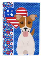 Load image into Gallery viewer, Brown White Smooth Jack Russell Terrier Patriotic Heart Garden Flag – Red, White &amp; Blue Dog Decor with Star Background