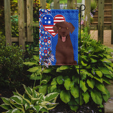 Load image into Gallery viewer, Chocolate Labrador Retriever Patriotic Heart Garden Flag – Red, White &amp; Blue Dog Decor with Star Background