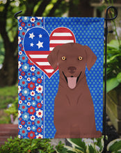 Load image into Gallery viewer, Chocolate Labrador Retriever Patriotic Heart Garden Flag – Red, White &amp; Blue Dog Decor with Star Background