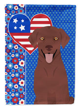 Load image into Gallery viewer, Chocolate Labrador Retriever Patriotic Heart Garden Flag – Red, White &amp; Blue Dog Decor with Star Background
