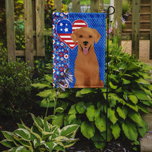 Load image into Gallery viewer, Red Fox Labrador Retriever Patriotic Heart Garden Flag – Red, White &amp; Blue Dog Decor with Star Background