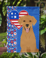 Load image into Gallery viewer, Red Fox Labrador Retriever Patriotic Heart Garden Flag – Red, White &amp; Blue Dog Decor with Star Background