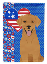 Load image into Gallery viewer, Red Fox Labrador Retriever Patriotic Heart Garden Flag – Red, White &amp; Blue Dog Decor with Star Background