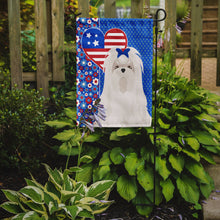 Load image into Gallery viewer, Maltese Patriotic Heart Garden Flag – Red, White &amp; Blue Dog Decor with Star Background