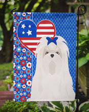 Load image into Gallery viewer, Maltese Patriotic Heart Garden Flag – Red, White &amp; Blue Dog Decor with Star Background