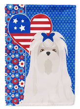 Load image into Gallery viewer, Maltese Patriotic Heart Garden Flag – Red, White &amp; Blue Dog Decor with Star Background
