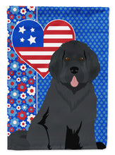 Load image into Gallery viewer, Black Newfoundland Patriotic Heart Garden Flag – Red, White &amp; Blue Dog Decor with Star Background