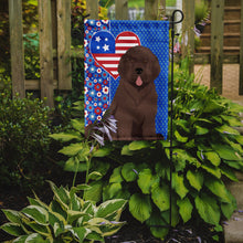 Load image into Gallery viewer, Brown Newfoundland Patriotic Heart Garden Flag – Red, White &amp; Blue Dog Decor with Star Background