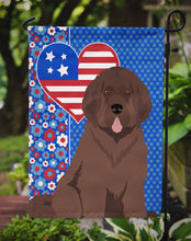Load image into Gallery viewer, Brown Newfoundland Patriotic Heart Garden Flag – Red, White &amp; Blue Dog Decor with Star Background