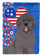 Load image into Gallery viewer, Grey Newfoundland Patriotic Heart Garden Flag – Red, White &amp; Blue Dog Decor with Star Background