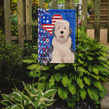 Load image into Gallery viewer, Old English Sheepdog Patriotic Heart Garden Flag – Red, White &amp; Blue Dog Decor with Star Background