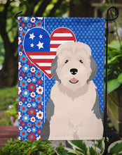 Load image into Gallery viewer, Old English Sheepdog Patriotic Heart Garden Flag – Red, White &amp; Blue Dog Decor with Star Background