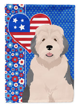 Load image into Gallery viewer, Old English Sheepdog Patriotic Heart Garden Flag – Red, White &amp; Blue Dog Decor with Star Background