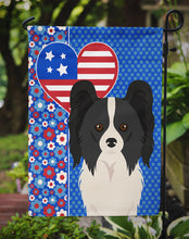 Load image into Gallery viewer, Black and White Papillon Patriotic Heart Garden Flag – Red, White &amp; Blue Dog Decor with Star Background