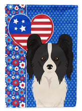 Load image into Gallery viewer, Black and White Papillon Patriotic Heart Garden Flag – Red, White &amp; Blue Dog Decor with Star Background
