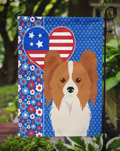 Load image into Gallery viewer, Red and White Papillon Patriotic Heart Garden Flag – Red, White &amp; Blue Dog Decor with Star Background