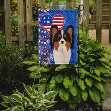 Load image into Gallery viewer, Tricolor Papillon Patriotic Heart Garden Flag – Red, White &amp; Blue Dog Decor with Star Background
