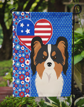 Load image into Gallery viewer, Tricolor Papillon Patriotic Heart Garden Flag – Red, White &amp; Blue Dog Decor with Star Background