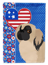 Load image into Gallery viewer, Cream Pekingese Patriotic Heart Garden Flag – Red, White &amp; Blue Dog Decor with Star Background