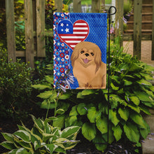 Load image into Gallery viewer, Gold Pekingese Patriotic Heart Garden Flag – Red, White &amp; Blue Dog Decor with Star Background
