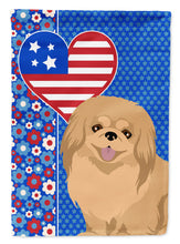 Load image into Gallery viewer, Gold Pekingese Patriotic Heart Garden Flag – Red, White &amp; Blue Dog Decor with Star Background