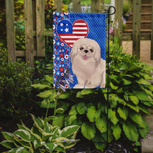 Load image into Gallery viewer, White Pekingese Patriotic Heart Garden Flag – Red, White &amp; Blue Dog Decor with Star Background