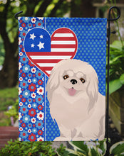 Load image into Gallery viewer, White Pekingese Patriotic Heart Garden Flag – Red, White &amp; Blue Dog Decor with Star Background