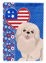 Load image into Gallery viewer, White Pekingese Patriotic Heart Garden Flag – Red, White &amp; Blue Dog Decor with Star Background