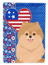 Load image into Gallery viewer, Orange Pomeranian Patriotic Heart Garden Flag – Red, White &amp; Blue Dog Decor with Star Background