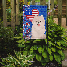 Load image into Gallery viewer, White Pomeranian Patriotic Heart Garden Flag – Red, White &amp; Blue Dog Decor with Star Background