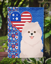 Load image into Gallery viewer, White Pomeranian Patriotic Heart Garden Flag – Red, White &amp; Blue Dog Decor with Star Background