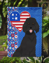 Load image into Gallery viewer, Standard Black Poodle Patriotic Heart Garden Flag – Red, White &amp; Blue Dog Decor with Star Background