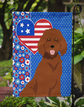 Load image into Gallery viewer, Standard Red Poodle Patriotic Heart Garden Flag – Red, White &amp; Blue Dog Decor with Star Background