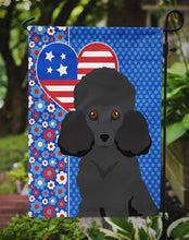 Load image into Gallery viewer, Toy Black Poodle Patriotic Heart Garden Flag – Red, White &amp; Blue Dog Decor with Star Background