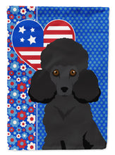 Load image into Gallery viewer, Toy Black Poodle Patriotic Heart Garden Flag – Red, White &amp; Blue Dog Decor with Star Background