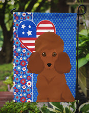 Load image into Gallery viewer, Toy Red Poodle Patriotic Heart Garden Flag – Red, White &amp; Blue Dog Decor with Star Background