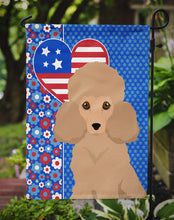 Load image into Gallery viewer, Toy Apricot Poodle Patriotic Heart Garden Flag – Red, White &amp; Blue Dog Decor with Star Background