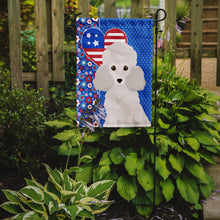 Load image into Gallery viewer, Toy White Poodle Patriotic Heart Garden Flag – Red, White &amp; Blue Dog Decor with Star Background