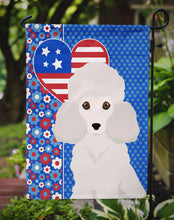 Load image into Gallery viewer, Toy White Poodle Patriotic Heart Garden Flag – Red, White &amp; Blue Dog Decor with Star Background