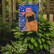 Load image into Gallery viewer, Apricot Pug Patriotic Heart Garden Flag – Red, White &amp; Blue Dog Decor with Star Background