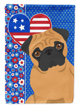 Load image into Gallery viewer, Apricot Pug Patriotic Heart Garden Flag – Red, White &amp; Blue Dog Decor with Star Background