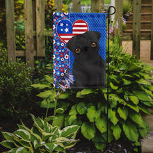 Load image into Gallery viewer, Black Pug Patriotic Heart Garden Flag – Red, White &amp; Blue Dog Decor with Star Background