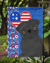 Load image into Gallery viewer, Black Pug Patriotic Heart Garden Flag – Red, White &amp; Blue Dog Decor with Star Background
