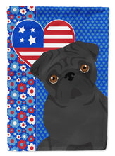 Load image into Gallery viewer, Black Pug Patriotic Heart Garden Flag – Red, White &amp; Blue Dog Decor with Star Background