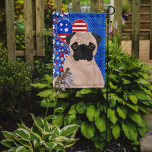 Load image into Gallery viewer, Fawn Pug Patriotic Heart Garden Flag – Red, White &amp; Blue Dog Decor with Star Background