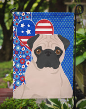 Load image into Gallery viewer, Fawn Pug Patriotic Heart Garden Flag – Red, White &amp; Blue Dog Decor with Star Background