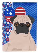 Load image into Gallery viewer, Fawn Pug Patriotic Heart Garden Flag – Red, White &amp; Blue Dog Decor with Star Background