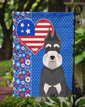 Load image into Gallery viewer, Black and Silver Schnauzer Patriotic Heart Garden Flag – Red, White &amp; Blue Dog Decor with Star Background