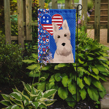 Load image into Gallery viewer, Wheaten Scottish Terrier Patriotic Heart Garden Flag – Red, White &amp; Blue Dog Decor with Star Background
